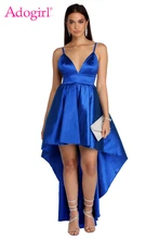 

Adogirl Spaghetti Straps Sleek Hi-lo Party Dress Sexy Deep V Neck Backless Empire Maxi Evening Gown Women Stage Dance Wear