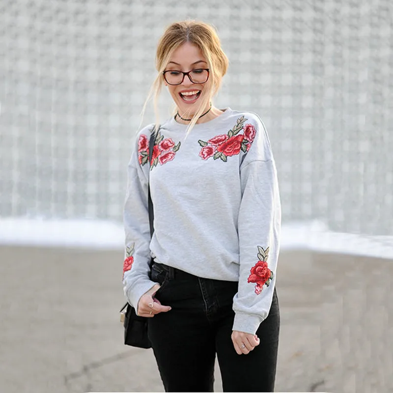 Korean Preppy Oversized Floral Women Sweatshirt Long Batwing Sleeve embroidery Rose Flower 