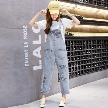 

Korean Loose Street Wear Denim Rompers Women Ripped Hole Heart And Letter Printed Soft Fabric Lesure Jumsuits Female Overalls