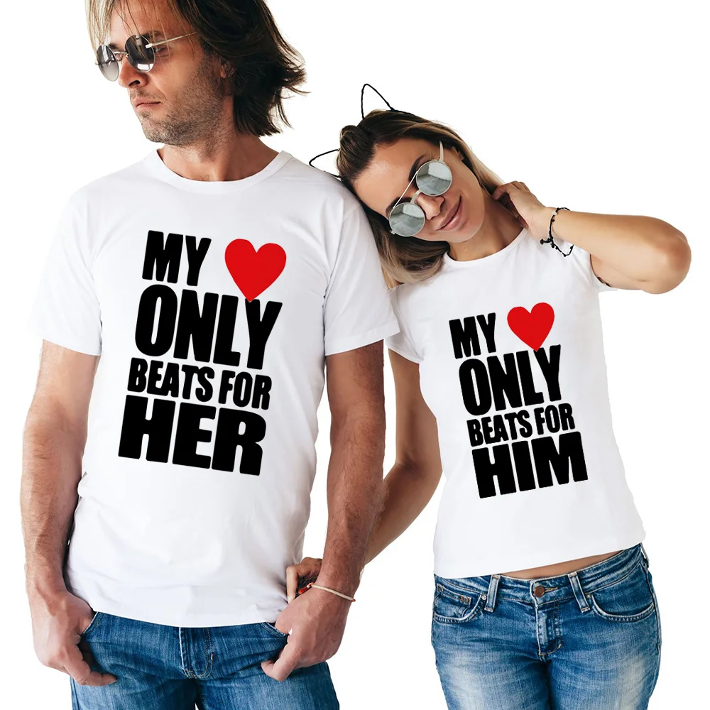 Футболки с надписью My Heart Only Beats for Him & Her летние одинаковые футболки для пар топы