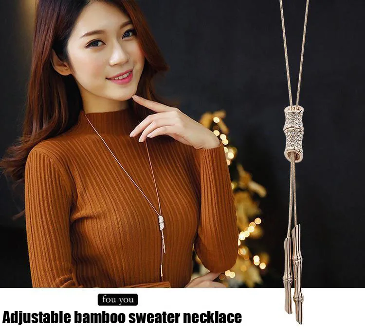 

Adjustable Bamboo Festival Sweater Necklace Female Italina Long Style Summer Clothes Ornaments Pendant Pave Premium CZ Crystals