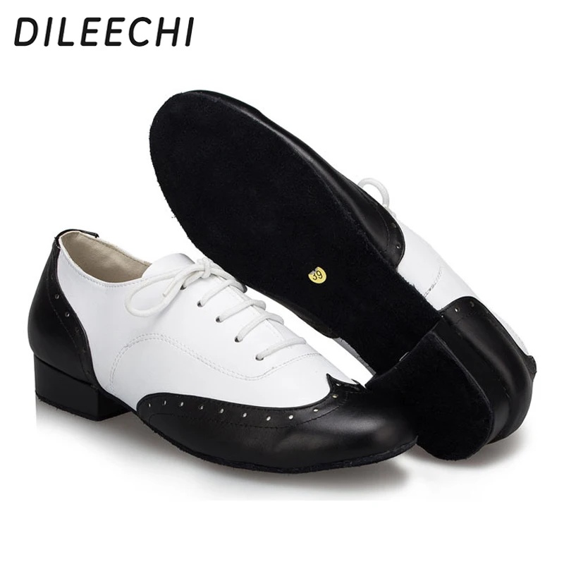 DILEECHI/Мужская обувь для латинских танцев из натуральной кожи; мягкая подошва 2,5 см; черно-белая Обувь для бальных танцев из натуральной кожи