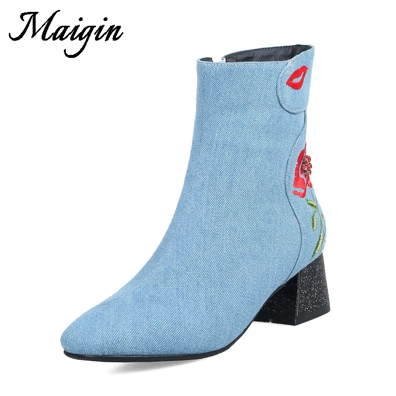 Maigin High Quality Denim Ankle Boots Women 2018 Autmn Embroider Block Heels Booties Pointed Toe Winter Warm Female Shoes