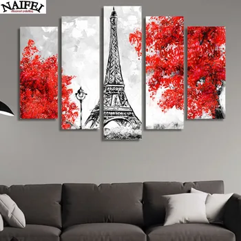 

5 pcs/set Diy 5d full diamond painting Cross stitch Eiffel Tower,red tree,square canvas Diamond Embroidery mosaic scenery decor