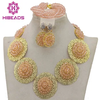 

Peach Pink African Nigerian Wedding Beads Jewelry Set Party Jewelry Sets Inidian Statement Necklace Beads Set Free Ship QW030