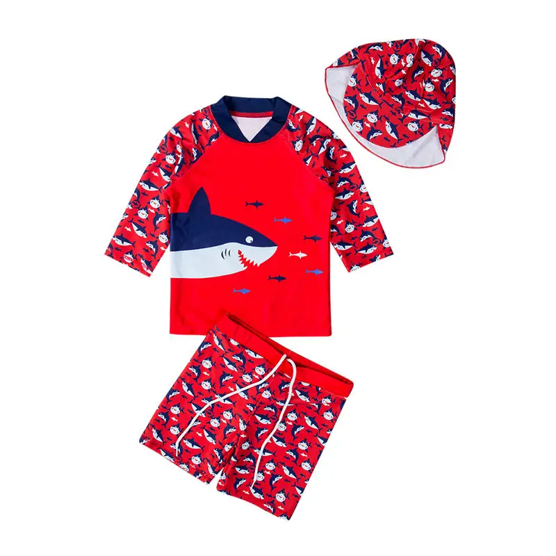 

Toddler Kid Baby Boy Swimwear Sun Protective Sunsuit Shark Swimming Outfit Children Bathing Suit Top+Trunks+Cap Beachwear 3pcs