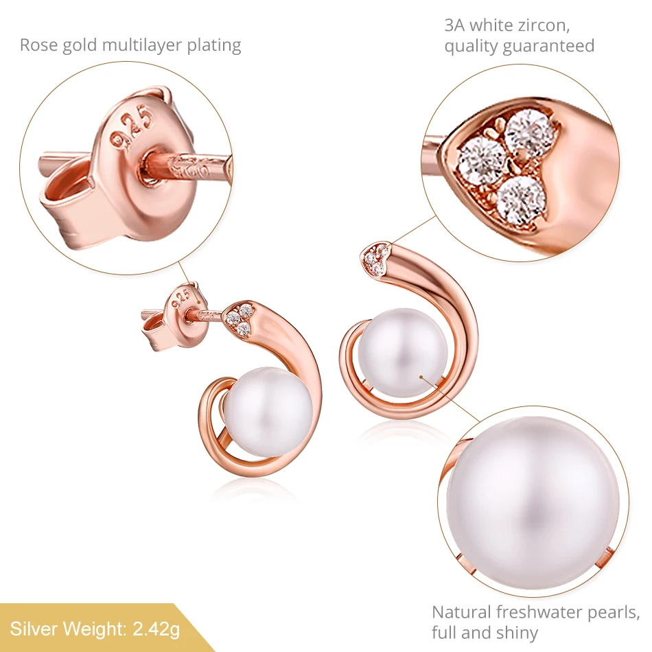 ALLNOEL Stud Earrings For Women 925 Sterling Silver Earrings Real Pearl Quality Bride Jewelry Rose Gold Plated Fine Jewelry  New (3)