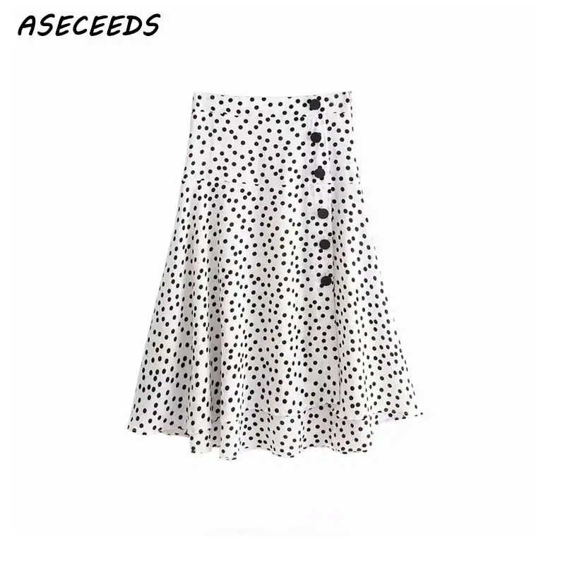 

Women 2019 White Black Polka Dots Midi Skirt Buttons Split Vintage Dots Skirt Summer Korean Fashion Streetwear