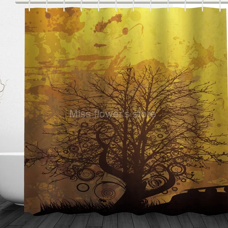 Painted Sunse Tree Pattern Design Custom Shower Curtains Bathroom Waterproof Mildew Polyester Fabric + 12 Hooks | Дом и сад