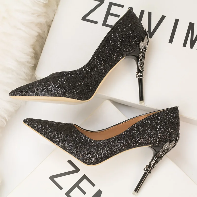 Ou Mo brand high quality sandals women?s High heels 10 cm Sequin Metal heel material Womens Party Shoes Nightclub Pump