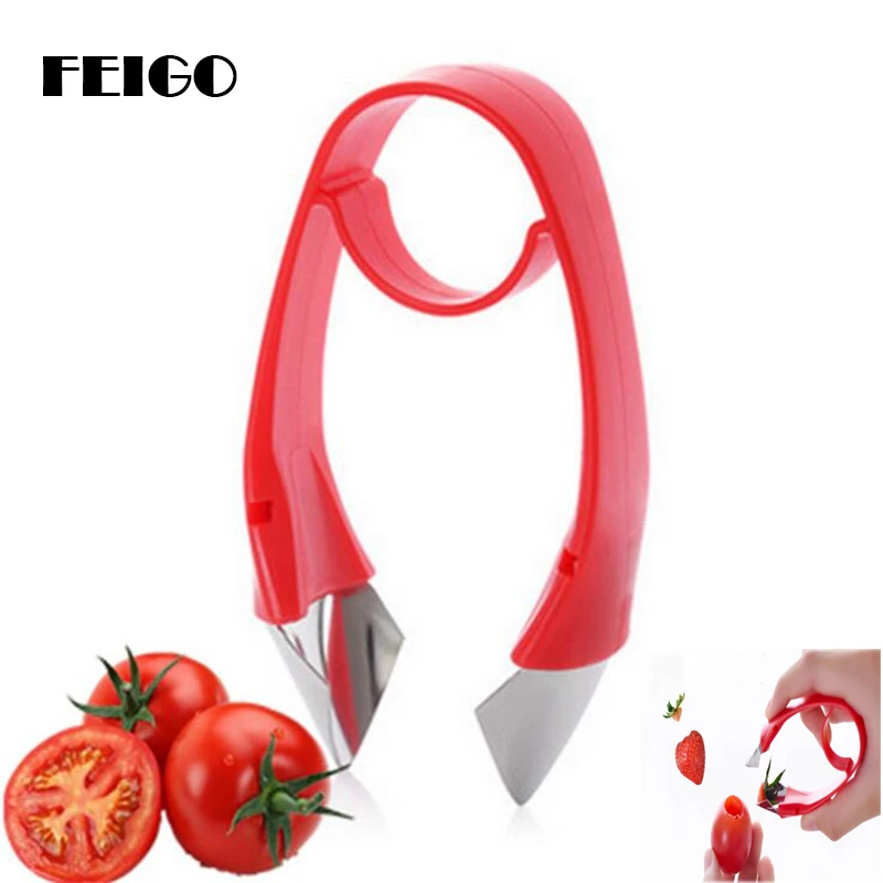 

FEIGO 1Pcs Red Tomato Strawberry Top Hullers Metal +Plastic Fruit Remove Stalks Device Tomato Stalks Knife Kitchen Gadgets F232