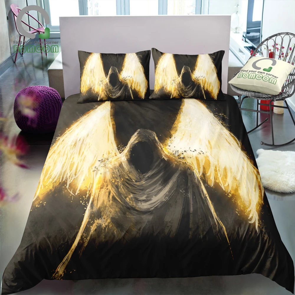 

BOMCOM 3D Digital Printing Duvet Cover Set Angel Reaper Painting Skull Bedding Set 100% Microfiber Gold