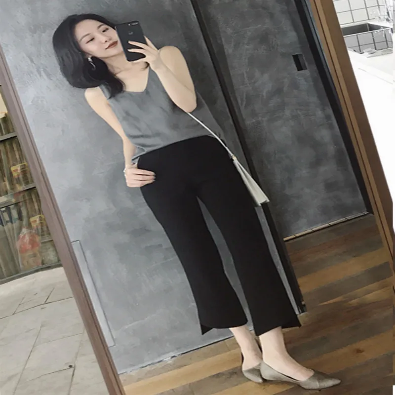 Wide leg pants female spring and summer irregular split nine points high waist pants chiffon loose micro flared pants suit pants