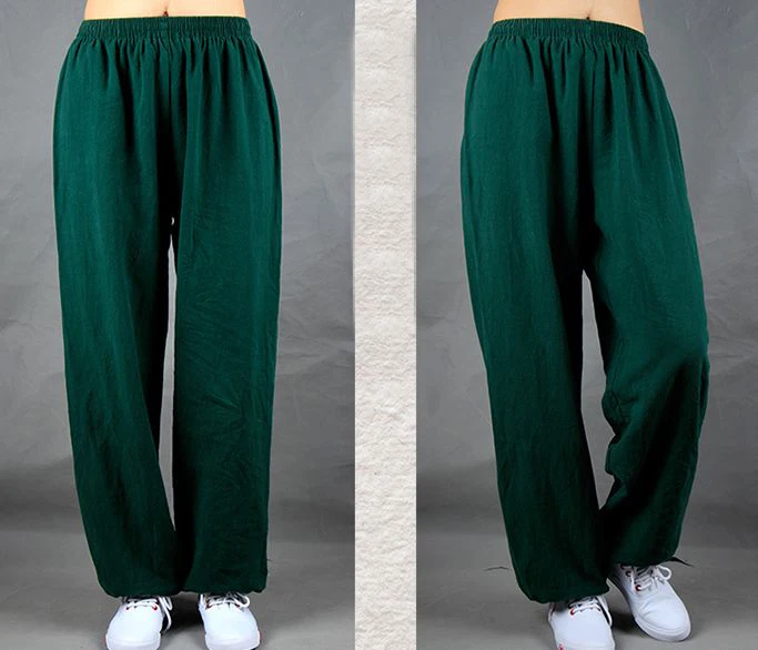 

high quality unisex Cotton&linen Tai chi taiji training pants wushu bloomers qigong kung fu martial arts trousers white/green