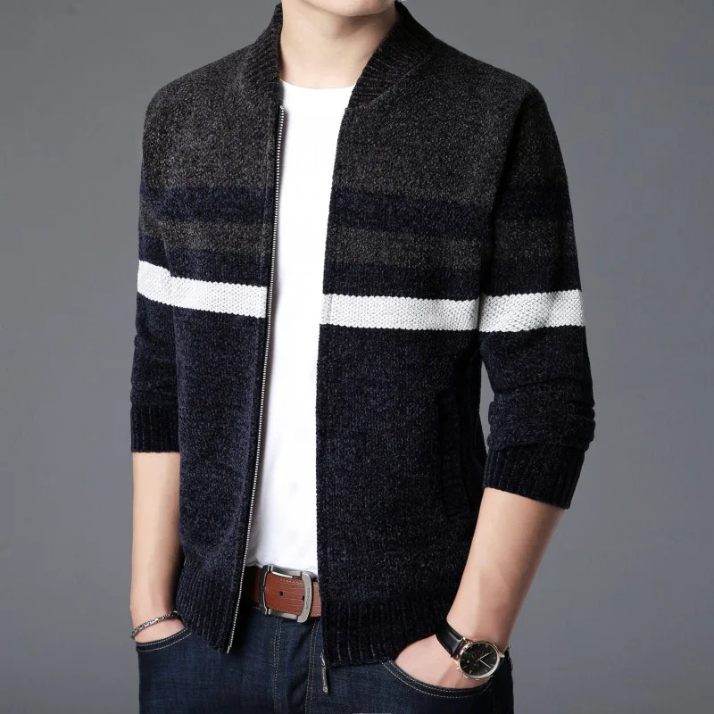 Новинка, модный брендовый мужской свитер Kardigan, в полоску, Облегающие джемперы, вязанные, толстые, зимние, корейский стиль, повседневная одежда для мужчин - Цвет: Темно-серый
