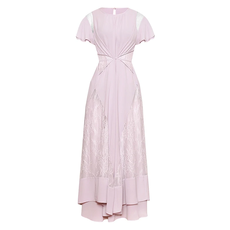 

High QUALITY Newest Fashion Runway 2019 Designer Dress Women's Short Sleeve Elegant Lace Patchwork Long Dress