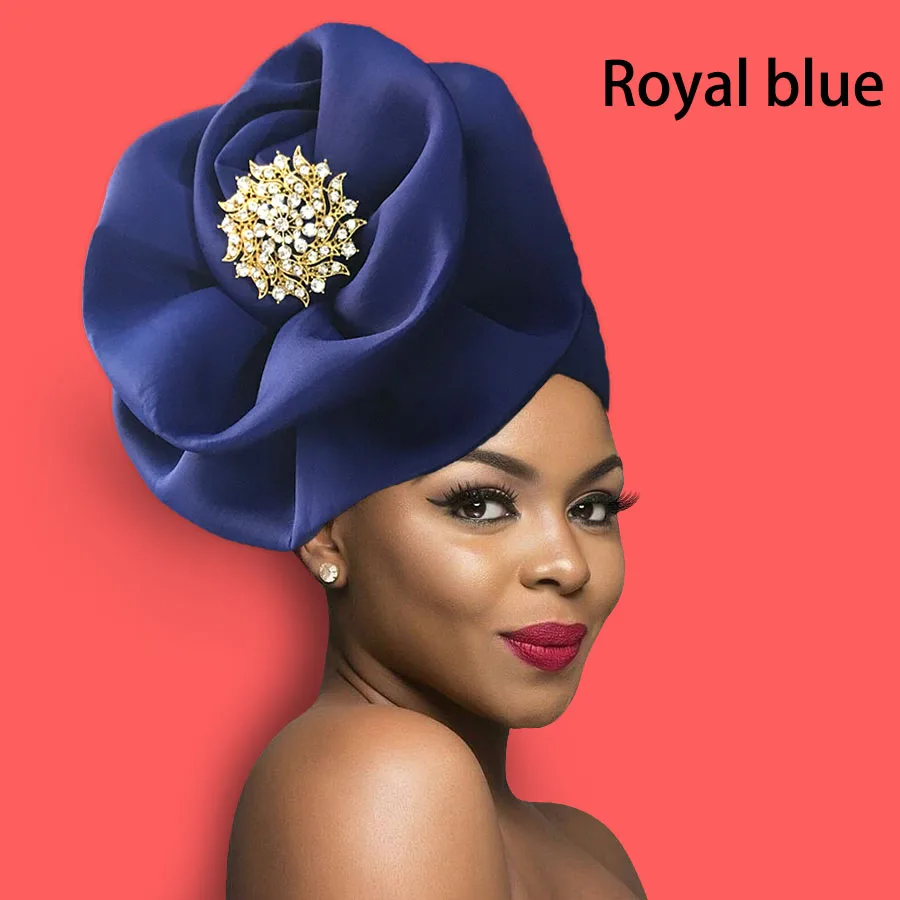Women turban cap fashion flower decorate traditional African headtie solid headwrap cap (10)
