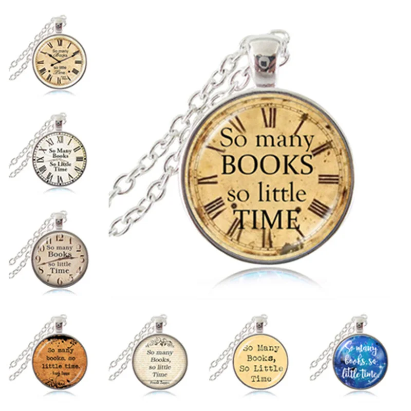 So Many Books Little Time Pendant Book Necklace Old Clock Steampunk Jewelry Quote Gifts for Bookworm Teacher Writer | Украшения и