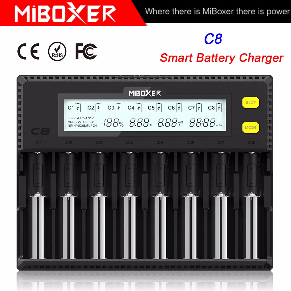 MiBOXER C8 18650 Батарея Зарядное устройство ЖК-дисплей Дисплей 1.5A для батарей Li-Ion(литий-ионных) LiFePO4 Ni-Cd AA 21700 20700 26650 18350 17670 RCR123 18700