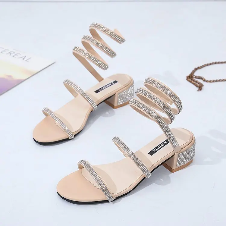 

Rhinestone Thick Heel Sandals Female 2019 New Open Toe with Snake-shaped Winding Diamonds with A Sandal Female