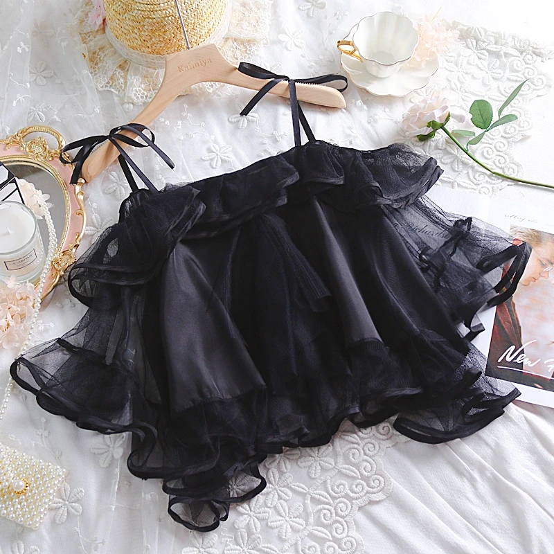 

Summer Off the shoulder Loose Ruffles See-through Flare Sleeve Strap Tulle Lace Shirt Women Lolita Sweet Princess Short Shirts