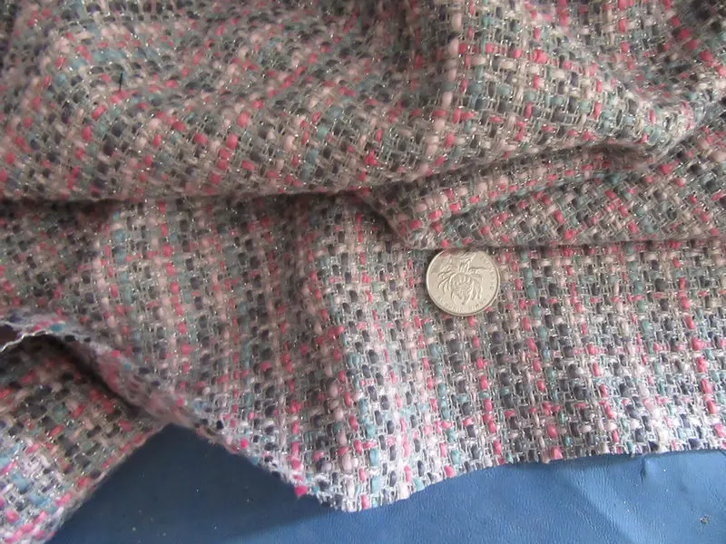 

free ship 30% WOOL pink and gray weave with golden line weaved tweed fabric by meter 59" wide