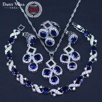 

Blue Zircon Bridal silver color Jewelry Sets Women Pendant&Necklace Ring Earrings With Natural Stones Bracelets Jewelry Gift Box