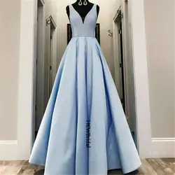 Реальные фотографии 2019 мятный синий Длинные платья выпускного вечера V шеи Line этаж Длина простые элегантные вечерние платья