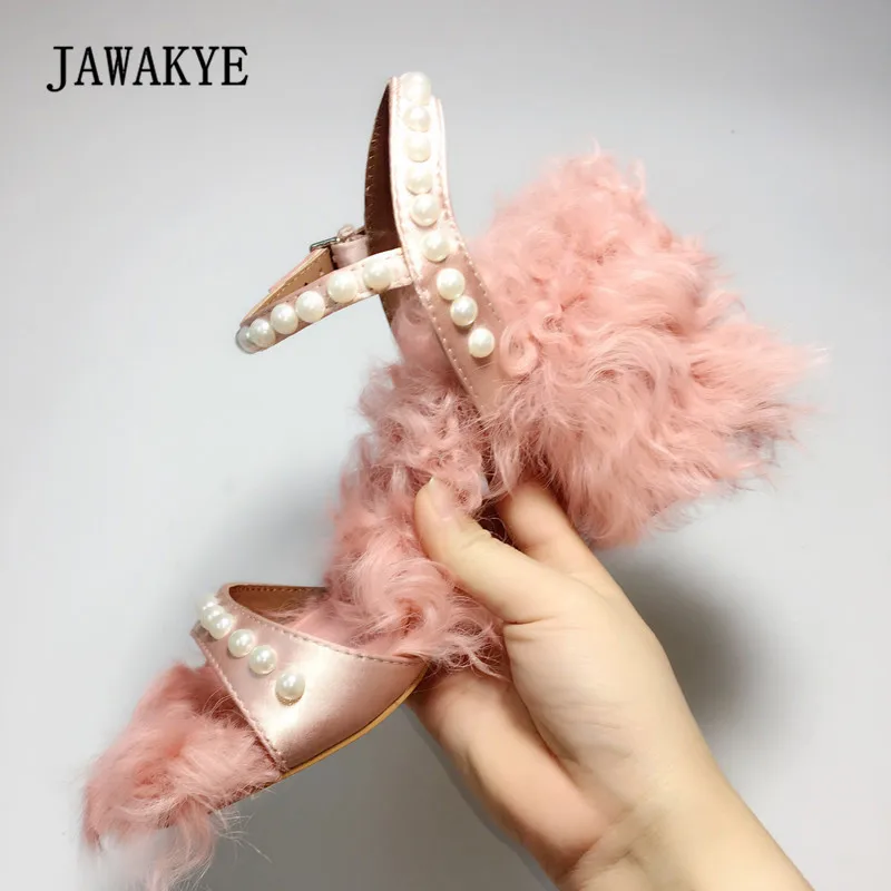 

2018 Woolen Fur High Heel Sandals Woman Open Toe Pearl Ankle Strappy Gladiator Sandals Women Party Shoes
