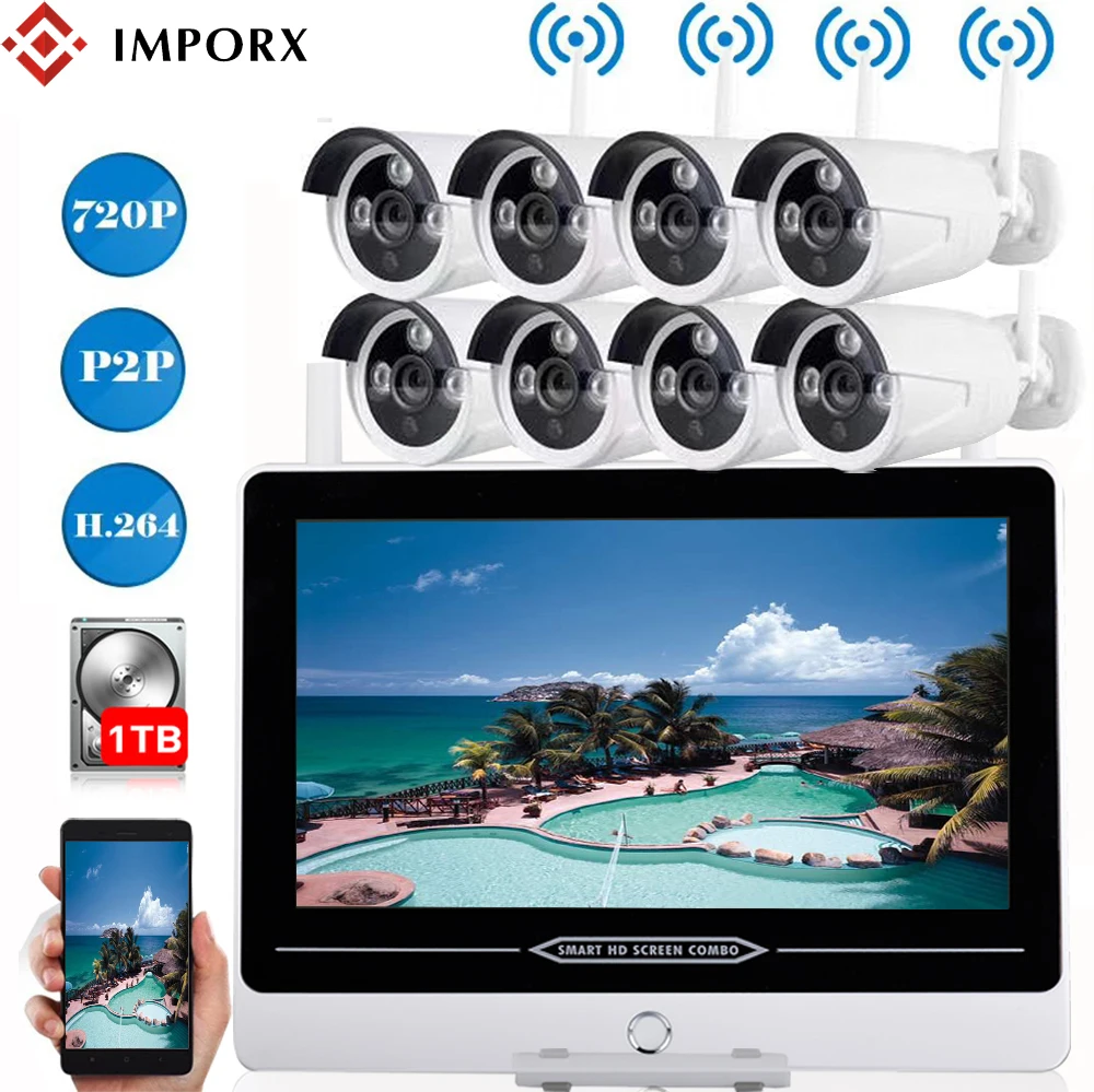 

IMPORX 8CH 720P Wireless 13"LCD CCTV System NVR Kit Outdoor 1.0MP WIFI IR-CUT Night Vision P2P ONVIF Video Surveillance Kit 3TB