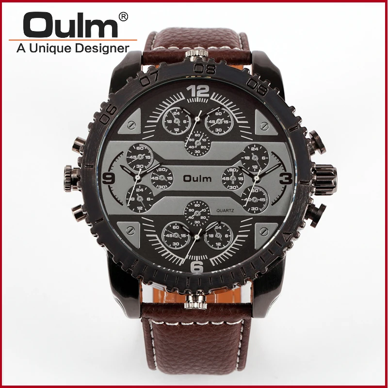 font b OULM b font 3233 Mens Big Face Watches 4 Time Zone Leather Band