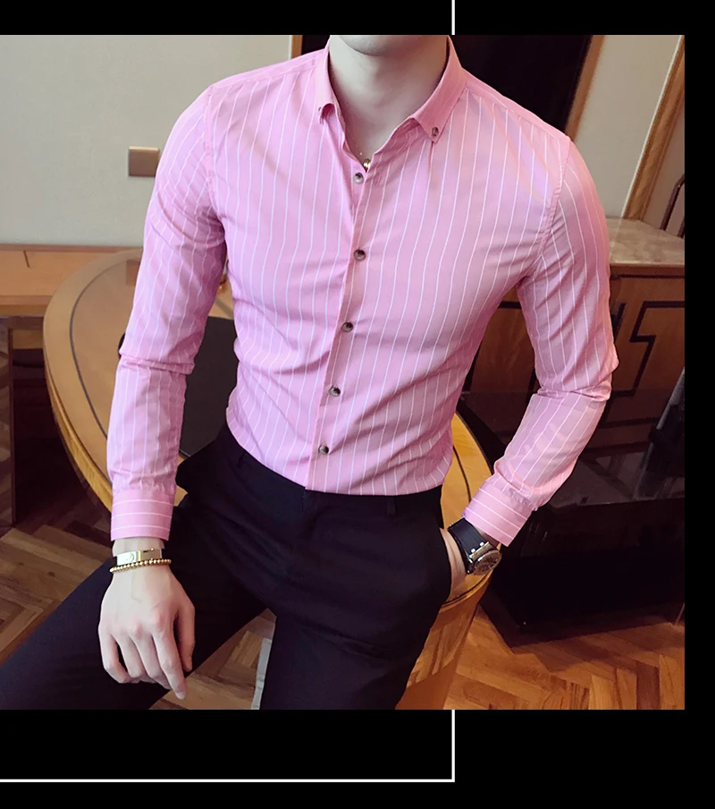 Весенняя Красивая Мужская рубашка с длинными рукавами, полосатая тонкая мужская рубашка