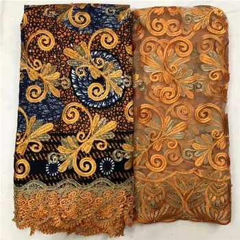

Popular beaded African printed wax cord lace fabric(6y) matching with net lace fabric(2y) for dress WNL42