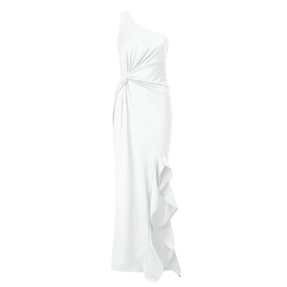  Womens Summer sexy One Shoulder Ruched Ruffle Formal Ladies Evening Dress Slim  Maxi Dresses chiffon dress  #4M15 (10)