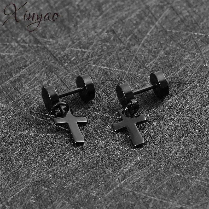 XINYAO 2017 Stainless Steel Barbell Dumbbell Cross Earring Stud For Men