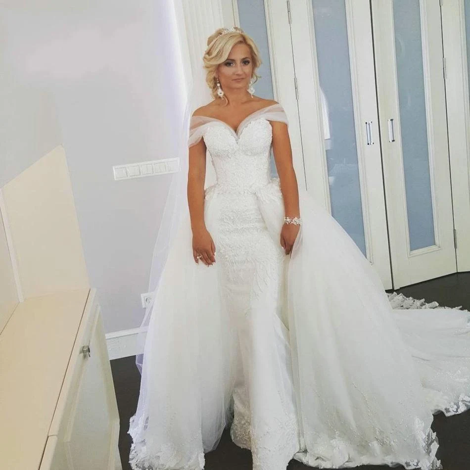 

Elegant Bride Gowns Off Shoulder Lace Detachable Skirt Wedding Dress Removable Skirt Gowns mariage vestidos de novia