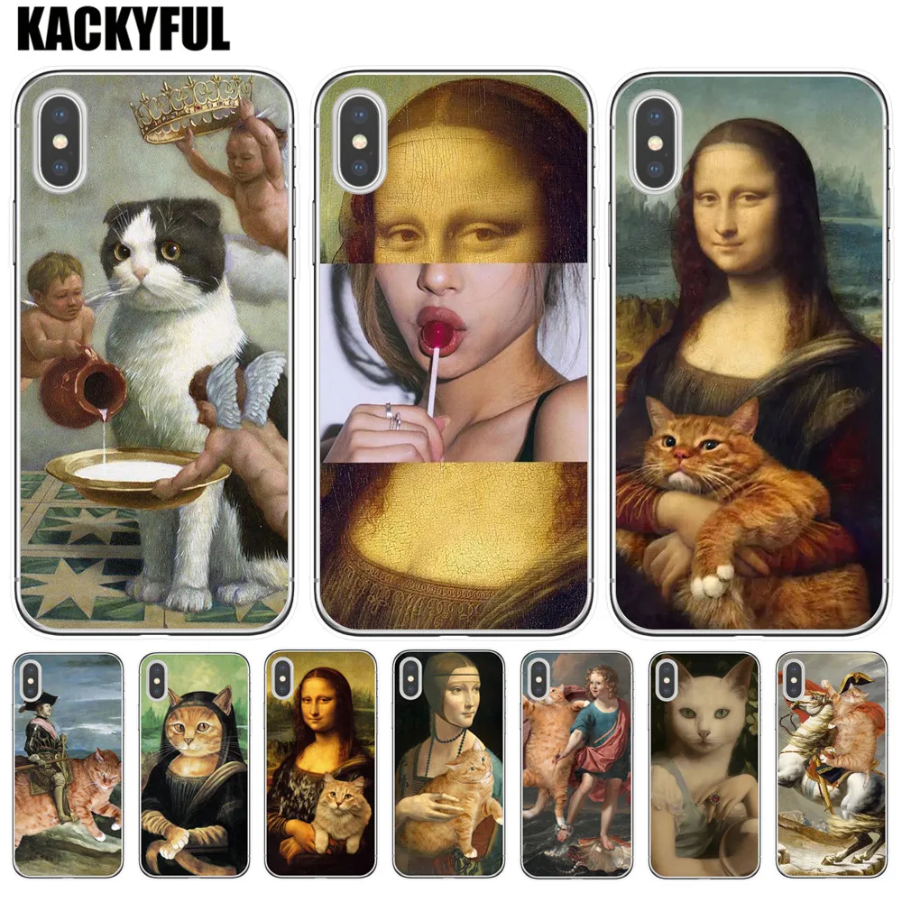 Забавный чехол для телефона KACKYFUL Leonardo da Vinci Mona Lisa Pat Cat с художественной эстетикой и рисунком для iPhone 8, 7, 6, 6S Plus, X, XS, MAX, 5S, SE, XR