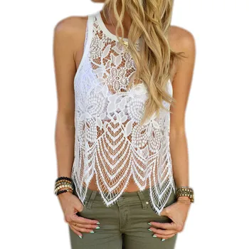 

High Quality 2018 Women Summer Sexy Short Tops Sleeveless Lace Crochet Hollow Tank Top Female Top White Vest Plus Size XXXL