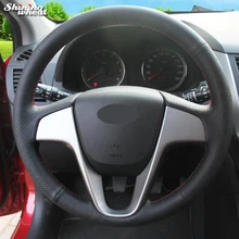 Shining wheat Black Genuine Leather Steering Wheel Cover for Hyundai Solaris Verna I20 Accent