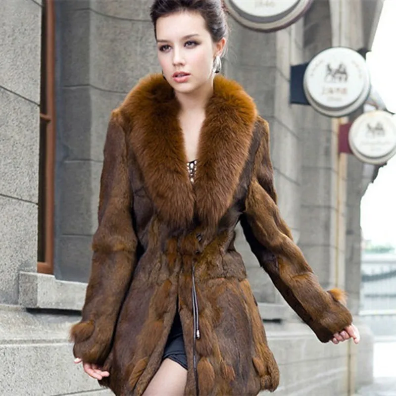 (TopFurMall) Ladies' Genuine Real Rabbit Fur Coat with Fox Fur collar ...
