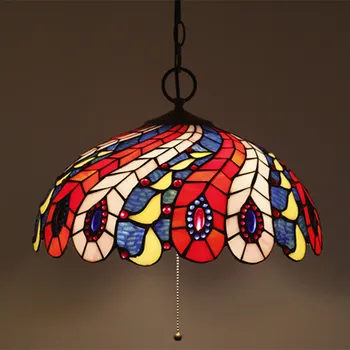 

16 Inch Glass Peacock Tail Shape Pendant Lamp with Wire Switch Hanging Light European Vintage Restaurant Bedroom Lamp