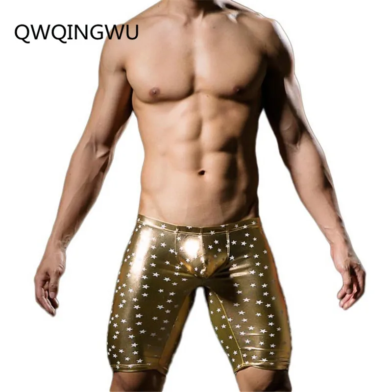 

Men Boxers Star Printed Underwear Sexy Faux Leather Fashion Boxers Shorts Panties Tight Boy Satin Boxer Trunks Five Minutes