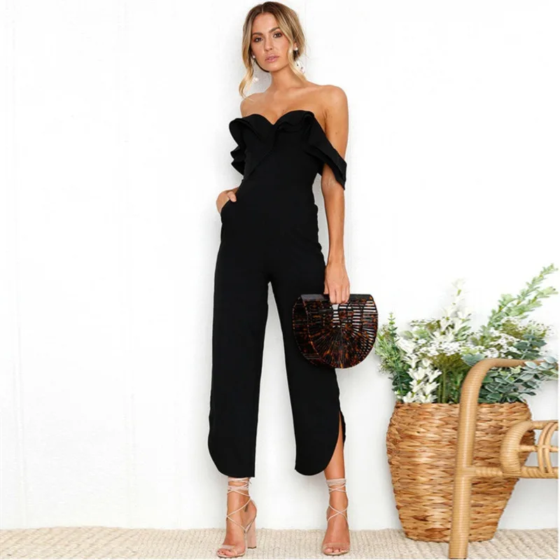 

Off shoulder Elegant Jumpsuits Double layer Ruffle Backless Wide Leg with pockets overalls combine Monos Cortos De Mujer wy*