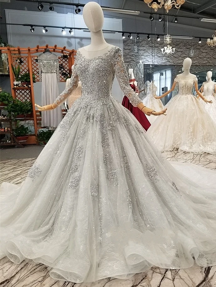 Stunning Long Sleeve Beadings Wedding Dresses 2019 Lace-up Sequins Bridal Gowns 36