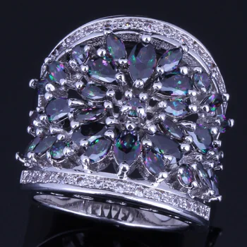 

Strong Huge Rainbow Cubic Zirconia White CZ Silver Plated Ring V0161