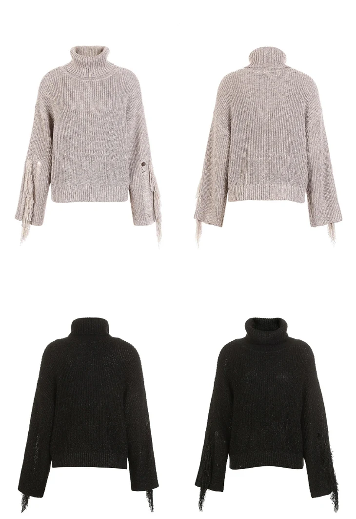 Женский вязаный пуловер с металлической шелковой бахромой и высоким воротом | 118313512
