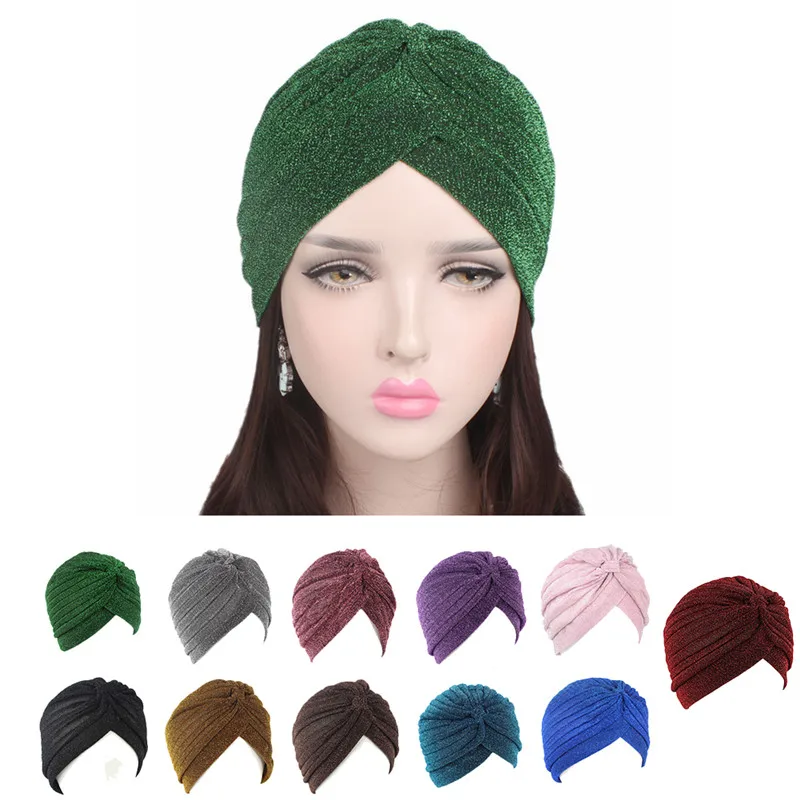 

Helisopus Gold Shiny Turban Women Red Green Stretch Soft Bright Hat Indian Muslim Thin Hijab Head Wraps Hair Accessories