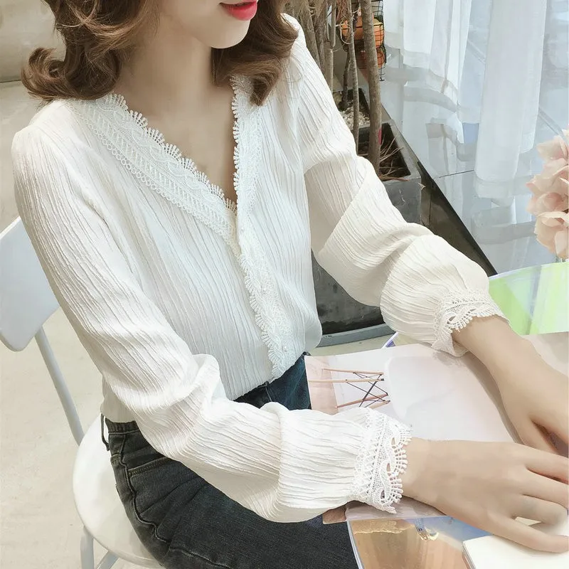 

Office Lady Womens Lace Tops and Blouses Elegant Ladies Lace V-Neck Long Sleeve Shirt Autumn Dames Blouse grace blusa feminina