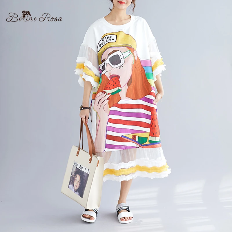 BelineRosa Koren Трендовое модное платье большого размера с рисунком из мультфильма и рюшами Сетчатое платье-рубашка с расклешенными рукавами XE000063