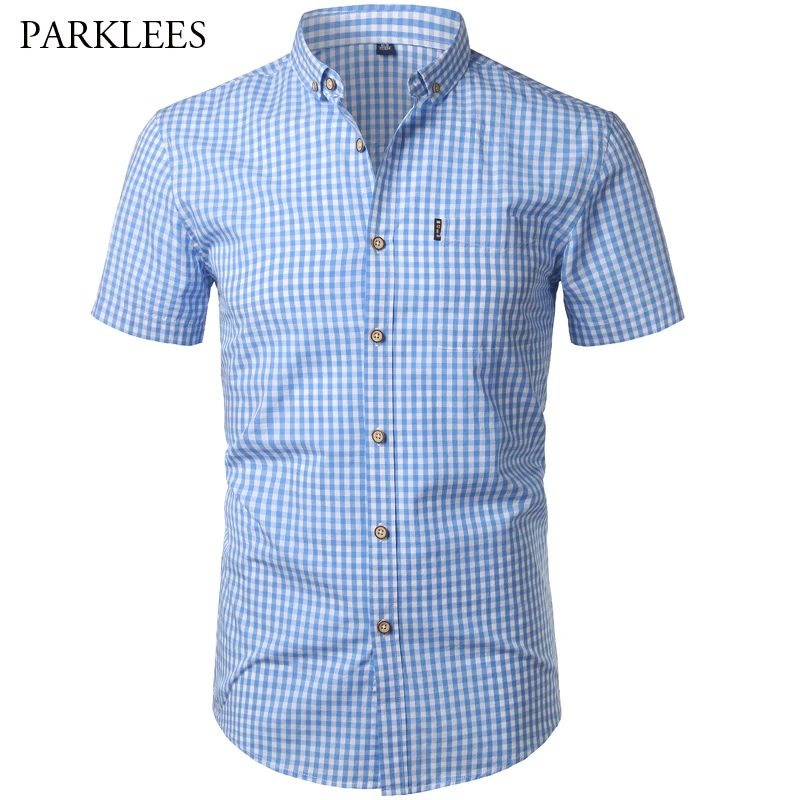 Prix Petite Chemise à carreaux hommes été nouveau à manches courtes coton hommes chemises habillées décontracté bouton bas Chemise Homme Camisa Masculina XXXL